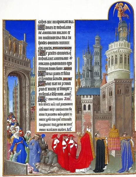 Folio 71v of Les Tres Riches Heures du Duc de Berry depicts Gregory leading a procession