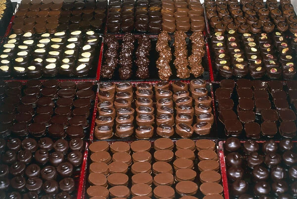 France, Paris, chocolates displayed at a chocolatiers, close-up