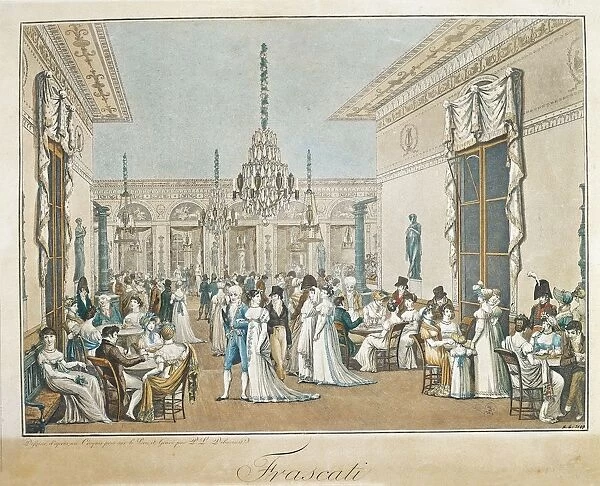 France, Paris, Frascati Cafe in 1807 by Philibert-Louis Debucourt, Coloured engraving