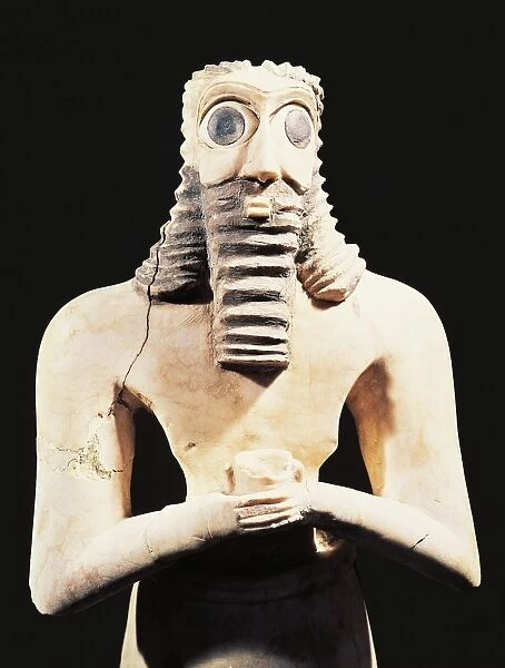 Detail of limestone statuette of praying man, from Tell Asmar, Iraq
