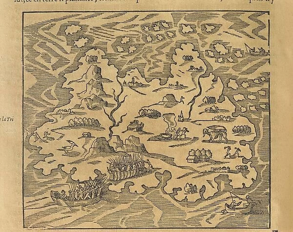 Map of Trinity Island in the Antilles, from Universal cosmography by Andre Thevet, 1575