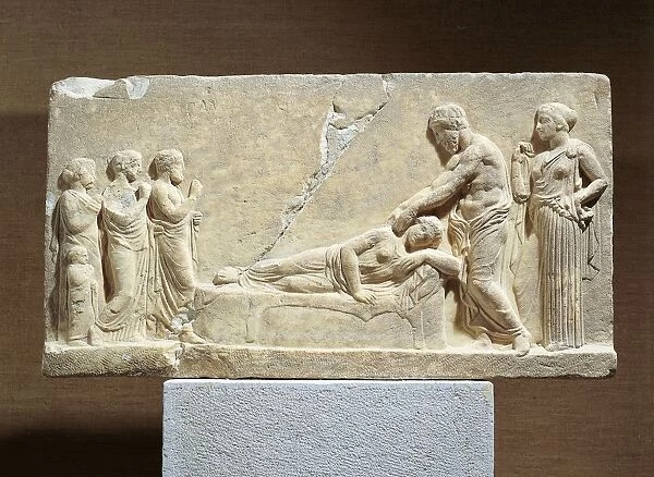 Marble relief depicting Asclepius or Hippocrates treating ill woman, from Greece