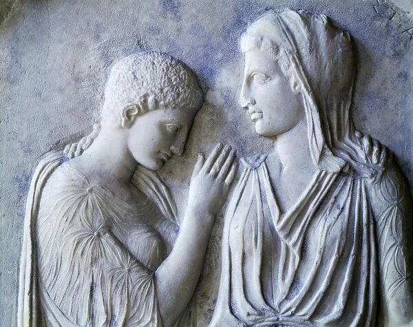 Detail of marble stele depicting Timarista and his daughter Krito from Kamiros, Greece, 5th Century B. C