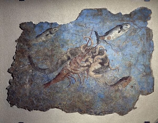 Marine scene of fight between an octopus a lobster and a moray eel, from the river port of San Paolo, fraction of Pietro Papa (Rome), fresco