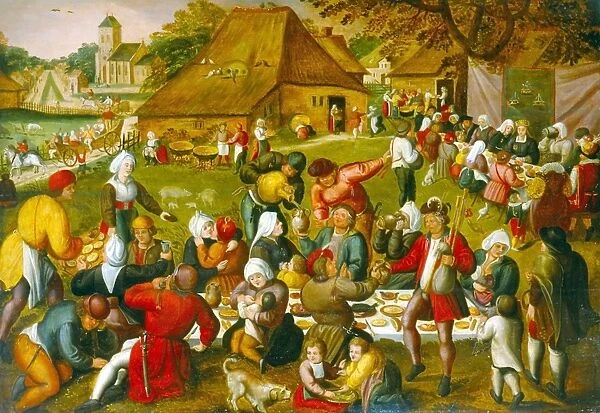 The Marriage Feast. Man with bagpipes at bottom left. Guests feasting and drinking