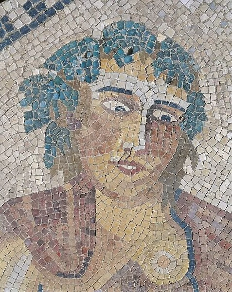 Morocco, North of Meknes, Volubilis, House of Cavalier, mosaic, Dionysus finds sleeping Ariadne, detail of Dionysus head with an ivy crown, Roman Empire from 1st century ad