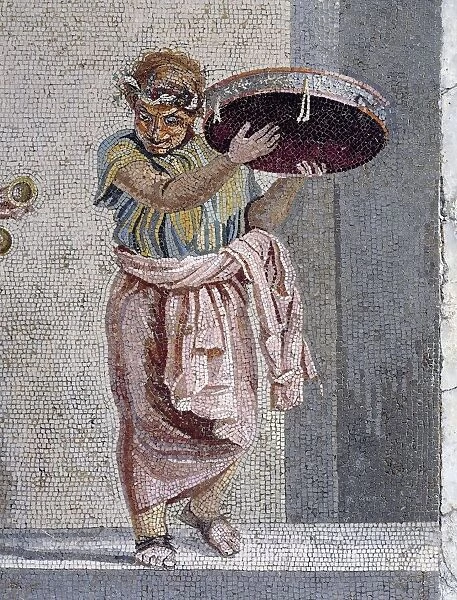 Mosaic depicting a scene from a comedy by Menander, The Possessed Girl: itinerant musicians, detail from Italy, Campania, Pompe, Villa of Cicero