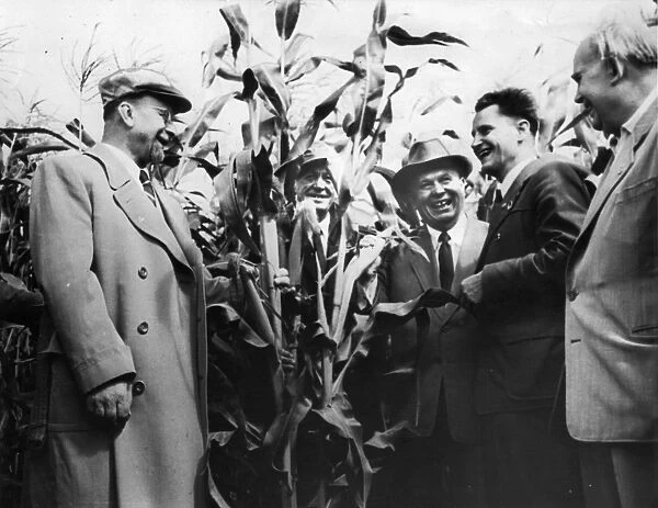 Nikita khrushchev and a soviet delegation visiting the peoples own domain for seed production at schwaneberg-altenweddingen near magdeburg, gdr on august 11, 1957, left to right are: walter ulbricht; otto strube, director of the domain; khrushchev; alois pisnik, first secretary of the district leadership of magdeburg; and erich muckenburger, candidate of the politbureau of the central committee of the socialist unity party