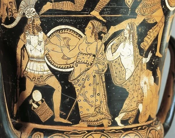 Red-figure pottery, detail of krater depicting Menelaus faced by Aphrodite as he reaches Helen, from Civita Castellana, ancient Falerii, Rome province, Italy