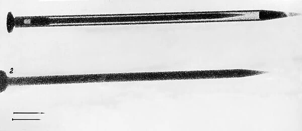 Top: x-ray photograph of one of the poison pins gary powers was provided with (enlarged 9 times), figure 2: inside needle of the pin with the grooves filled with poison, bottom: actual size of poison pin, shown with an ordinary pin, 1960, u2 spy plane misson