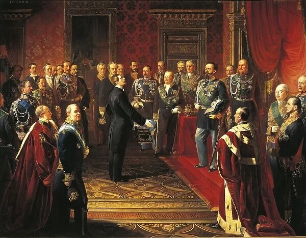 The Tuscan Plebiscite, Bettino Ricasoli presenting the Plebiscite for the annexation of Tuscany into the Kingdom of Italy to Victor Emmanuel II of Savoy in March, 1860. painted by S. Capisanti, detail