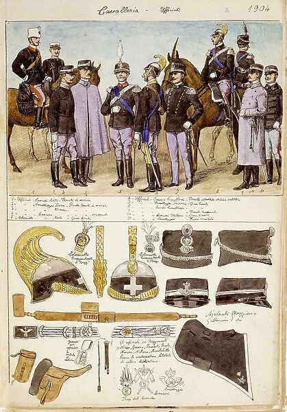Uniforms of cavalry officers of Kingdom of Italy, color plate by Quinto Cenni, 1904