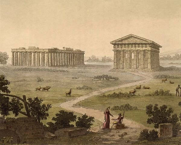 View the Greek temples in Paestum (Italy) from Ancient and Modern Costumes (Il costume antico e moderno) by Giulio Ferrario (1767-1847), engraving, detail, 1827