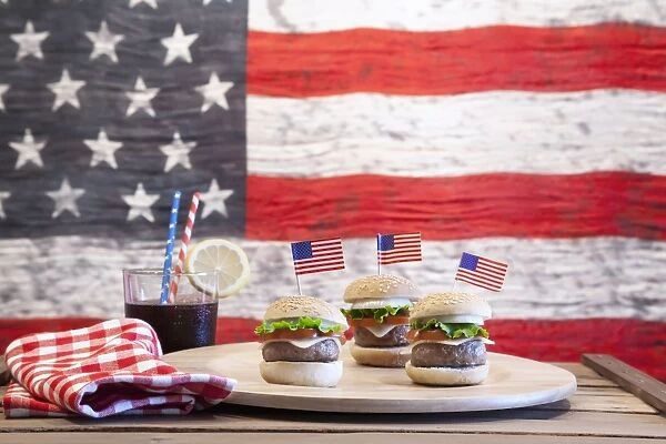 Cheeseburgers & background American flag 4th July
