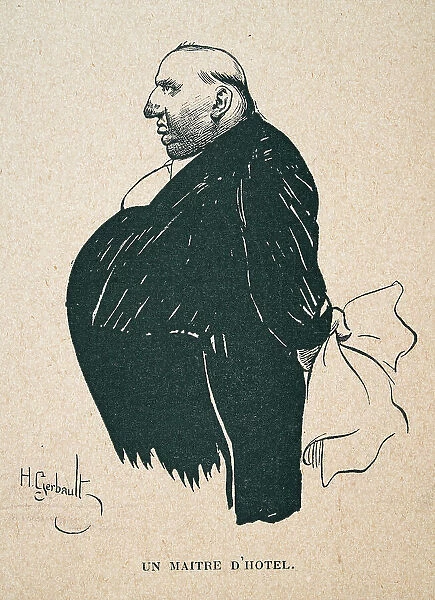 Caricature of overweight man with a large nose, Un maitre d'hotel, French 1890s