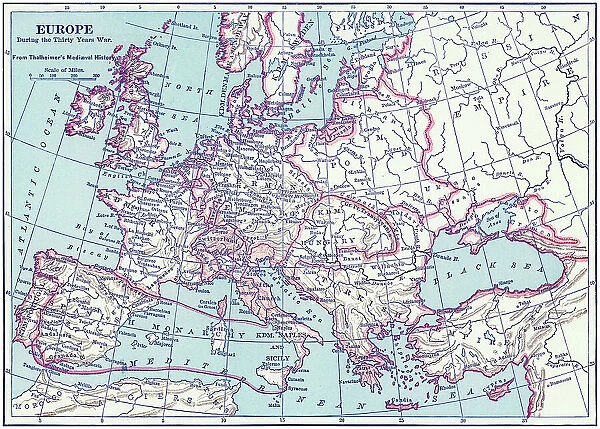 Old chromolithograph map of the Europe during the Thirty Years War