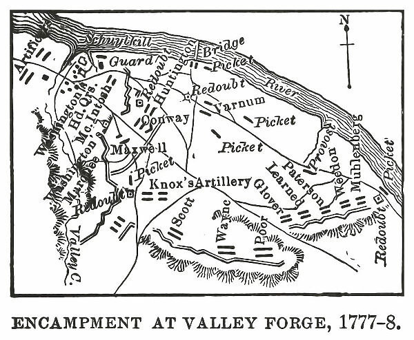 Old engraved illustration of map of encampment at Valley Forge (1777-1778)