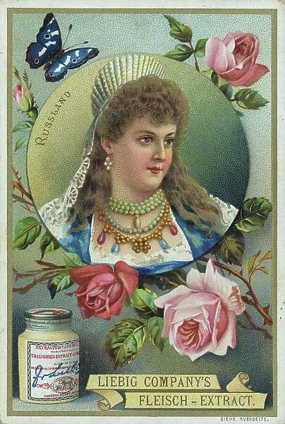 Series of pictures, woman in portrait with headdress, Russia, roses, digitally restored reproduction of a collector's picture from c. 1900