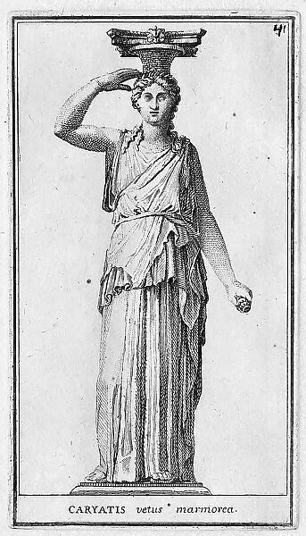 Statue of a caryatid, a sculpture representing a woman. It is used in architecture in place of a column or pillar in portals and the articulation of facades, from the Villa Albani, historic Rome, Italy