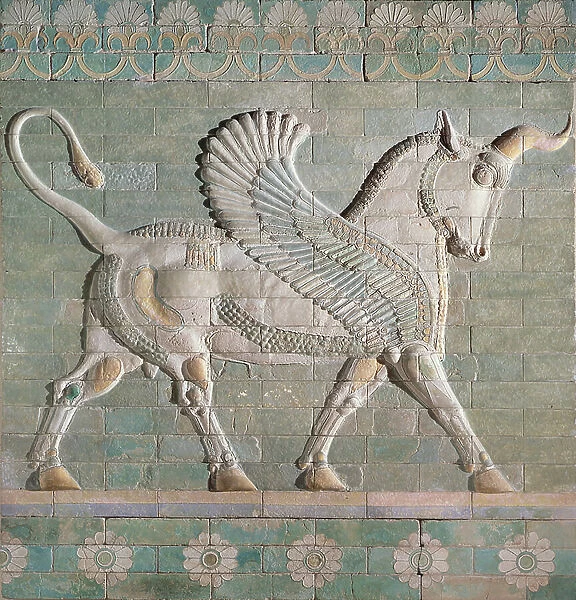 00353 Winged bull, Persian, from Susa, Achaemenid Dynasty, c.500 BC (glazed tiles)