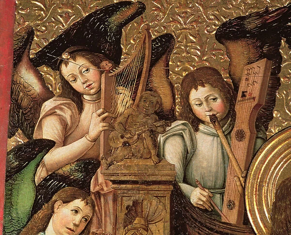 126-0035385 Central Panel of an Altarpiece dedicated to St. Vincent the Martyr of Saragossa, detail of Angels Playing the Harp, Flute and Guitar, c. 1466-87