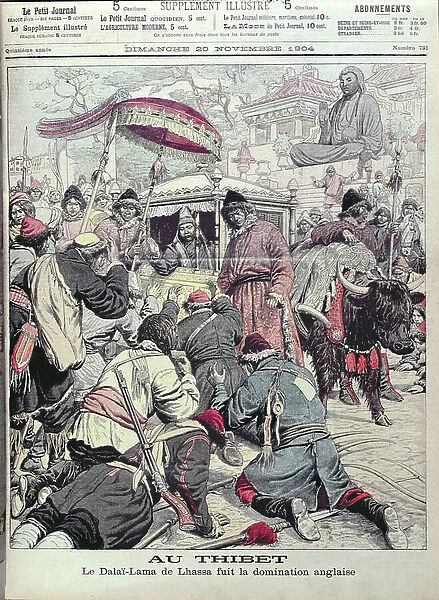 The 13th Dalai Lama (d. 1933) fleeing the British invasion of Tibet, front cover of Le Petit Journal, 20th November 1904 (colour litho)