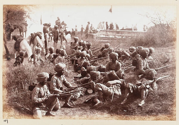 14th Sikhs waiting for attack, Delhi Camp of Exercise, 1886 (b  /  w photo)