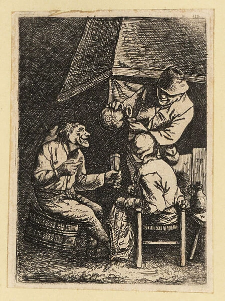 17th century Dutch peasants drinking near a fireplace. 1803 (engraving)