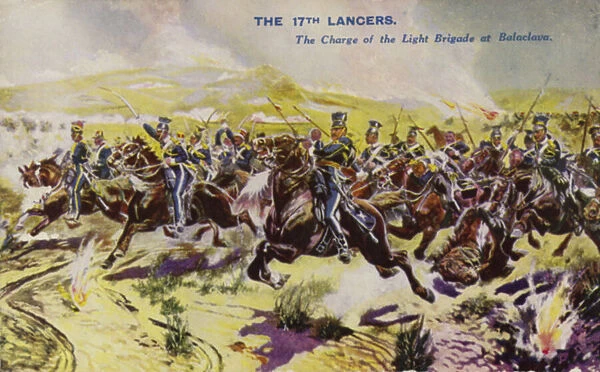 The 17th Lancers at the Charge of the Light Brigade, Battle of Balaclava, Crimean War, 1854 (colour litho)