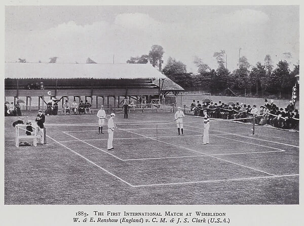 1883, The First International Match at Wimbledon, W and E Renshaw (England) v C M and Js Clark (USA) (b  /  w photo)