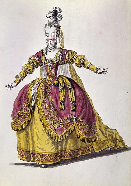 18th century theatre costume, engraving of 19th century Paris, B. N