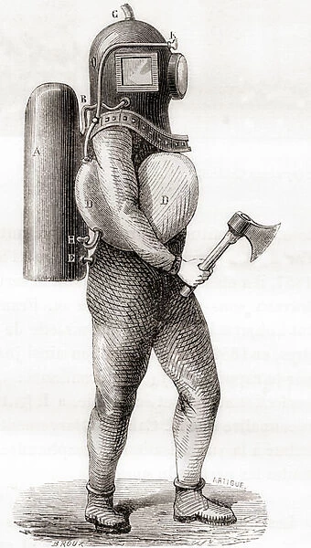A 19th century American deep sea diving suit, from Les Merveilles de la Science