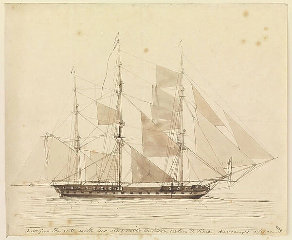 A 50-gun frigate with her staysails hoisted, calm and fine, awnings spread, mid 19th century (pen and brown ink and brown wash)