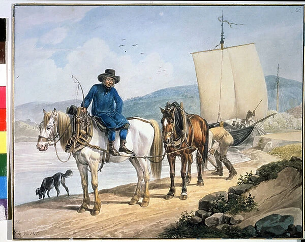 'A Horse And Cart at the River'. Chevaux le long d un fleuve remorquant un bateau ou bien utilises pour le dechargement des marchandises sur un chemin de halage'. Peinture de Johann Adam Klein (1792-1875), 1817