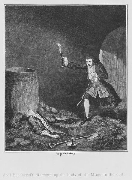 Abel Beechcroft discovering the body of the Miser in the cellar (engraving)