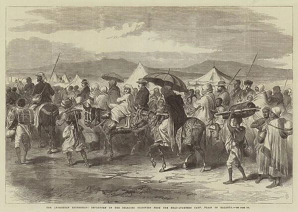 The Abyssinian Expedition, Departure of the Released Prisoners from the Head-Quarters Camp, Plain of Dalanta (engraving)