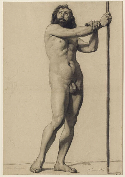 Academic figure study: male nude holding a staff, 1844