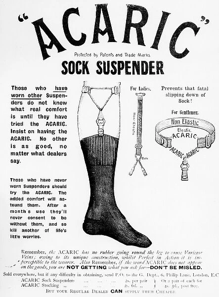 Acaric Sock Suspender advertisement, 1898 (engraving)