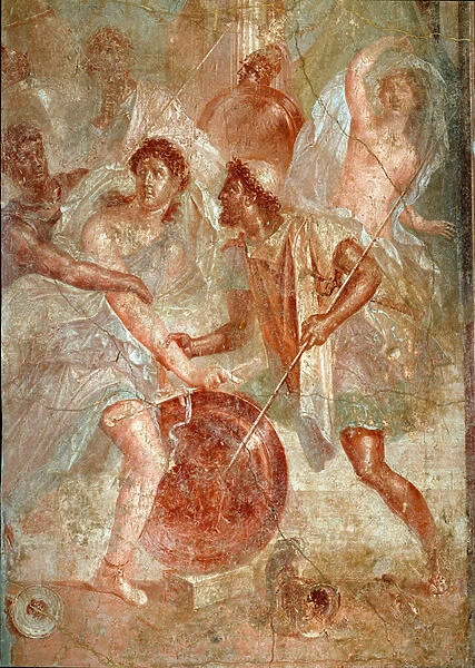 Achilles, disguise in women, is recognized by Ulysses among the daughters of Lycomede a Scyros Fresco of Pompei. 1st century AD. Dim. 145, 5x137, 5 cm Naples, national archeological museum - Roman Art