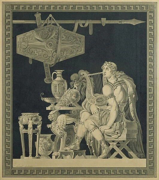 Achilles playing the lyre (pen & ink on paper)