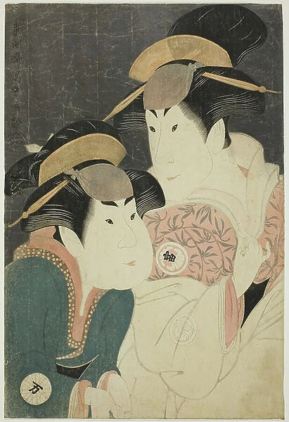 The actors Segawa Tomisaburo II (R) as Yadorigi, wife of Ogishi Kurando, and Nakamura Manyo (L) as the servant Wakakusa, 1794 (colour woodblock print; oban)