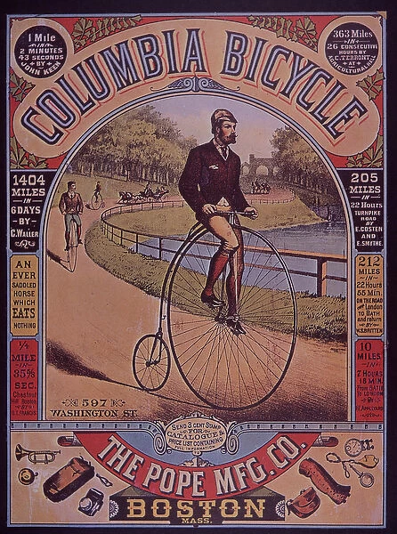 Advert for Columbia Penny-Farthing bicycle, Boston, USA, 1895 (colour litho)