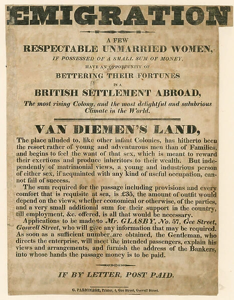 Advert concerned with the emigration of young women to Van Diemens Land (engraving)
