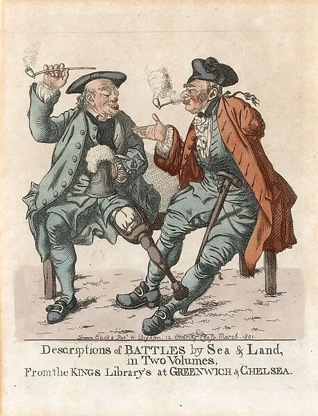 Advertisement for Descriptions of Battles by Sea and Lane in Two Volumes, from the Kings Librarys at Greenwich and Chelsea (coloured engraving)