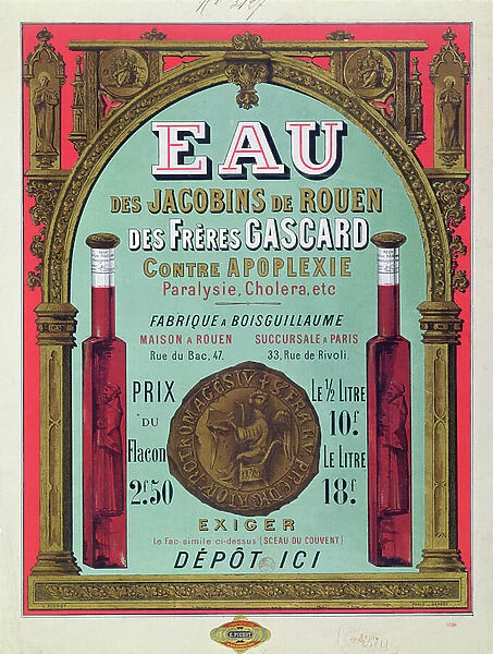 Advertisement for Eau des Jacobins de Rouen, mid nineteenth century (colour litho)