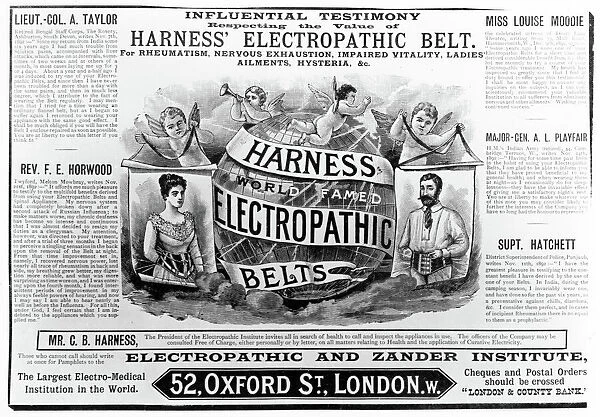 Advertisement for Harness world famed Electropathic Belts, c. 1890 (engraving)