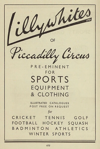 Advert for Lillywhites sports equipment and clothing (litho)