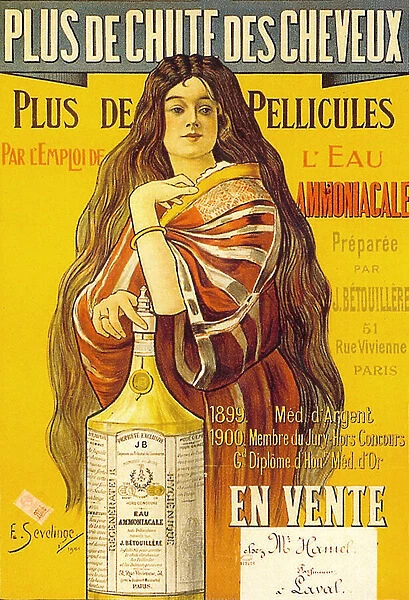 advertising poster for Ammoniacale water, to prevent hair fall and dandruff 1901