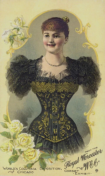 Advertisement for Royal Worcester womens corsets exhibited at the Worlds Columbia Exposition, Chicago, Illinois, USA, 1893 (colour litho)