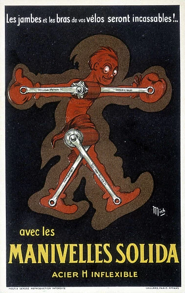 Advertising for Velo cranks made of solid steel. Drawing by Mich (Michel Liebeaux